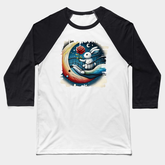 Illustration of a Rabbit stands on a bridge and gives a rose to the moon. Baseball T-Shirt by zinfulljourney